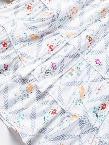 Bohemian White Floral Mini Dress with Puff Sleeves