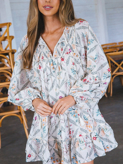 Bohemian White Floral Mini Dress with Puff Sleeves