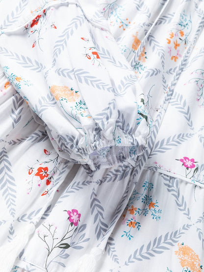 Bohemian White Floral Mini Dress with Puff Sleeves