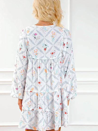Bohemian White Floral Mini Dress with Puff Sleeves