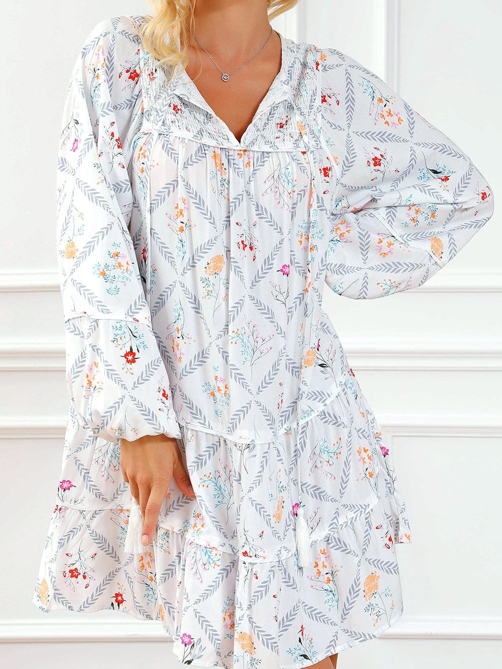 Bohemian White Floral Mini Dress with Puff Sleeves