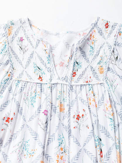 Bohemian White Floral Mini Dress with Puff Sleeves