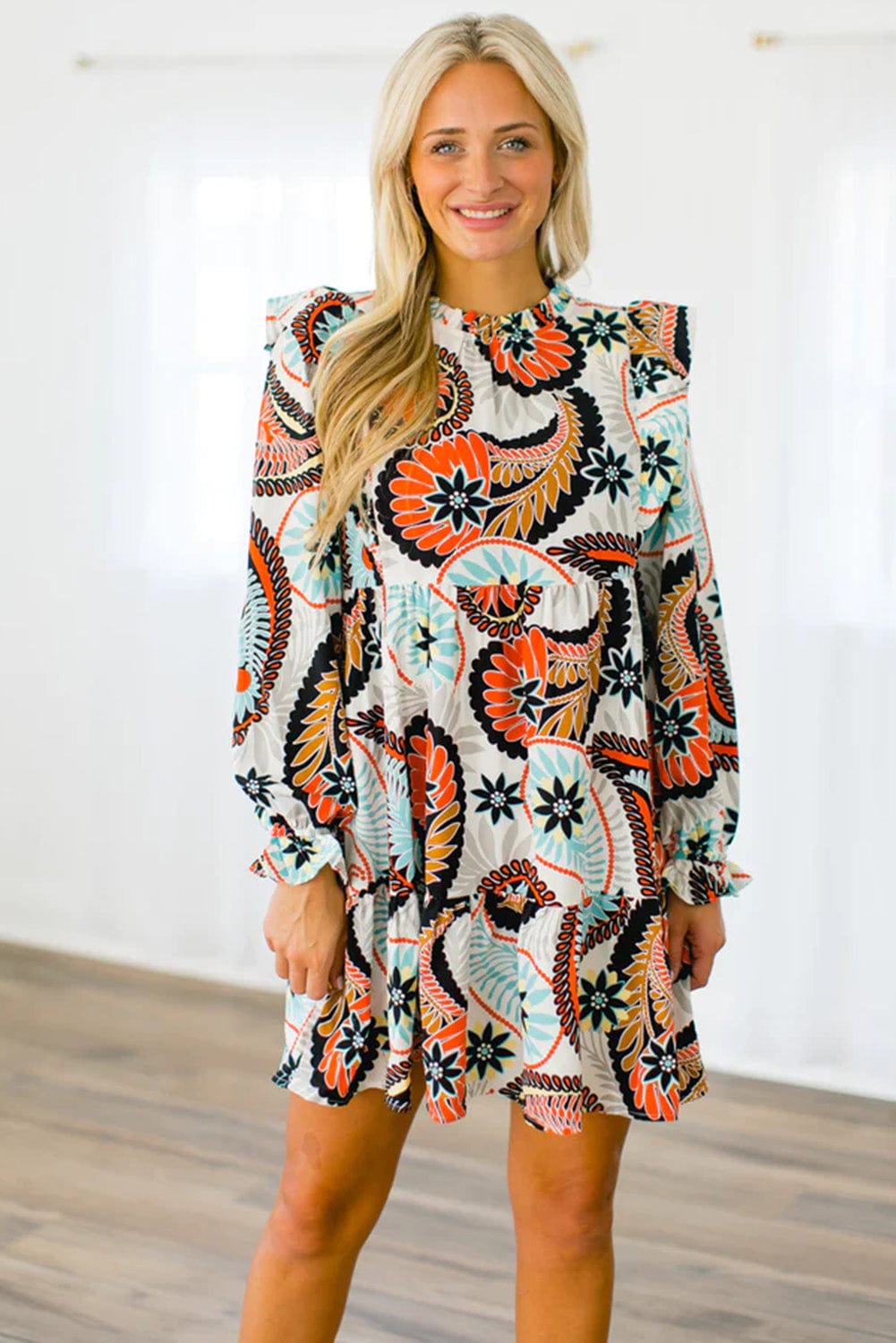 Bohemian White Paisley Floral Print Puff Sleeve Mini Dress
