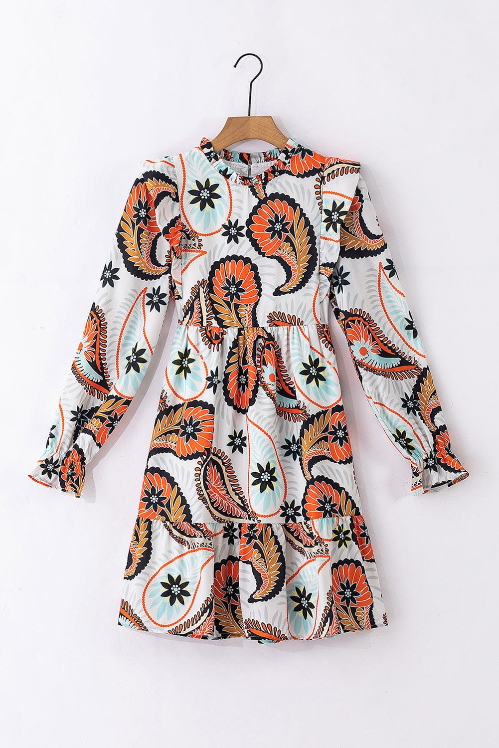 Bohemian White Paisley Floral Print Puff Sleeve Mini Dress
