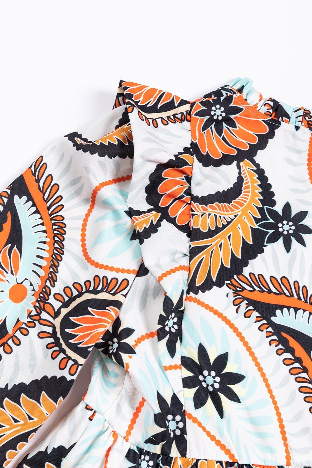 Bohemian White Paisley Floral Print Puff Sleeve Mini Dress