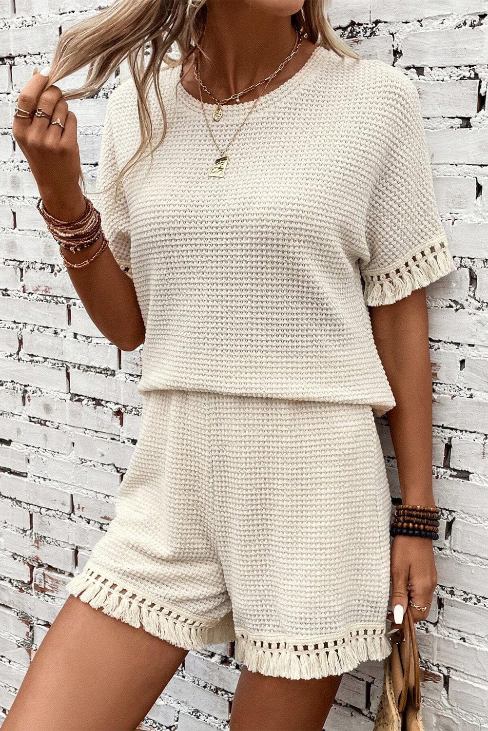 Boho Chic Beige Waffle Knit Fringed Two-Piece Set
