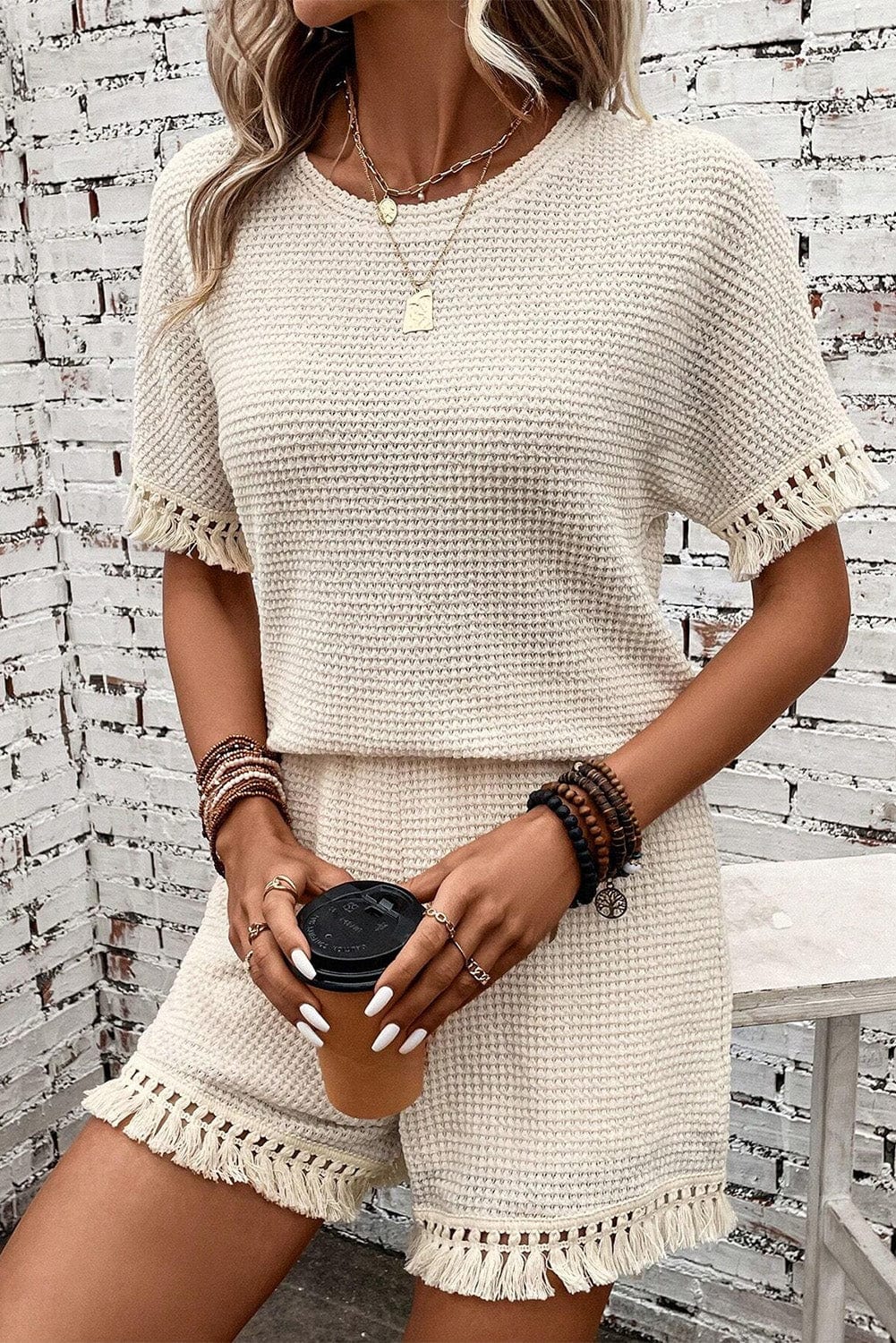 Boho Chic Beige Waffle Knit Fringed Two-Piece Set