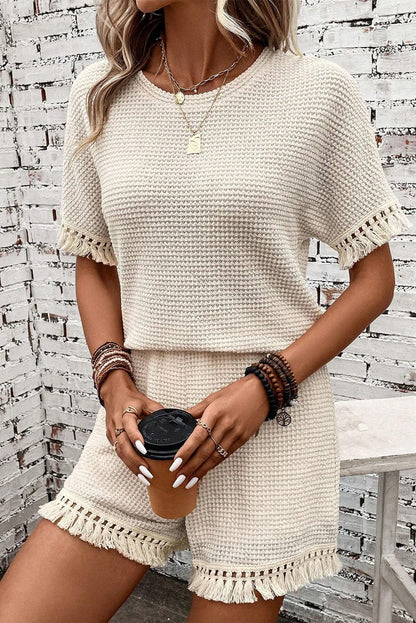 Boho Chic Beige Waffle Knit Fringed Two-Piece Set