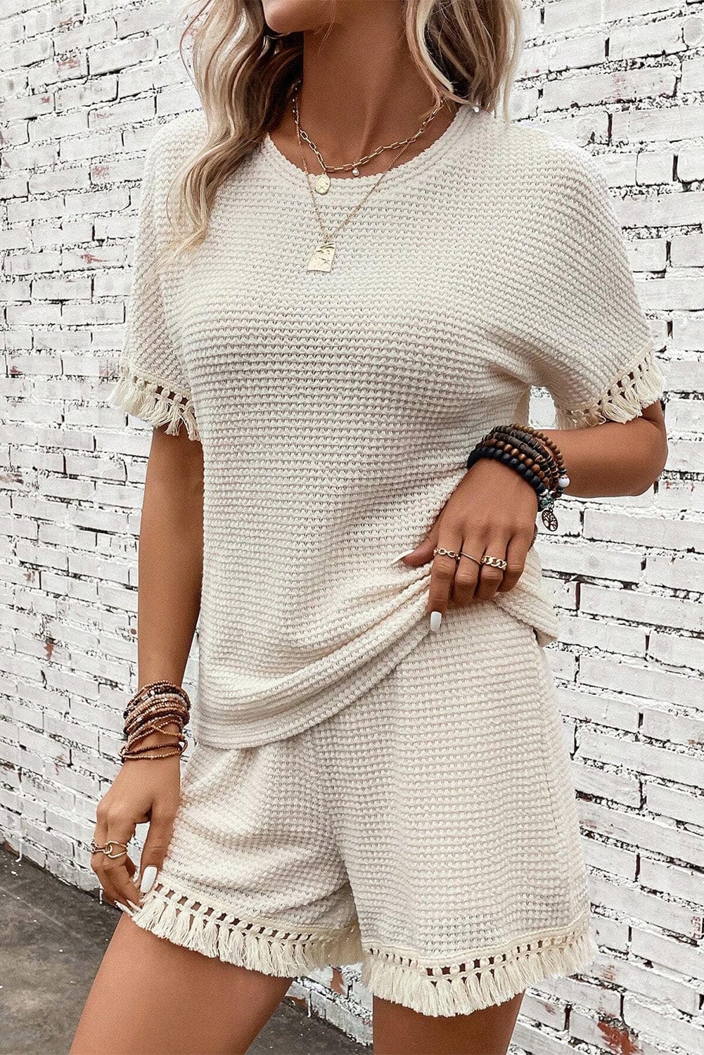 Boho Chic Beige Waffle Knit Fringed Two-Piece Set