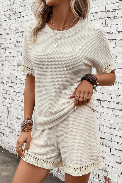 Boho Chic Beige Waffle Knit Fringed Two-Piece Set