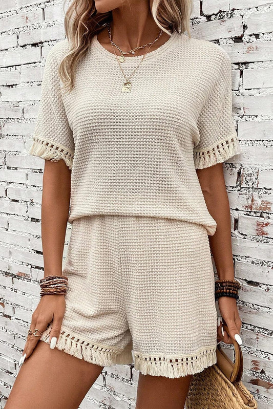 Boho Chic Beige Waffle Knit Fringed Two-Piece Set