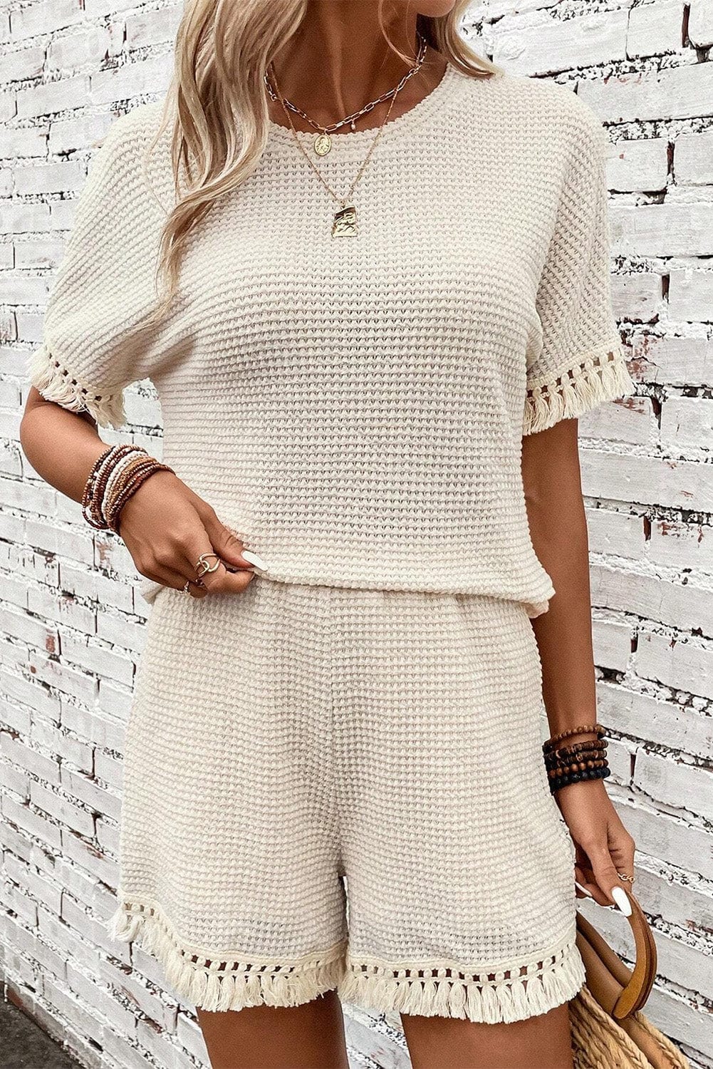 Boho Chic Beige Waffle Knit Fringed Two-Piece Set