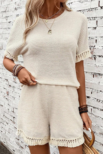Boho Chic Beige Waffle Knit Fringed Two-Piece Set