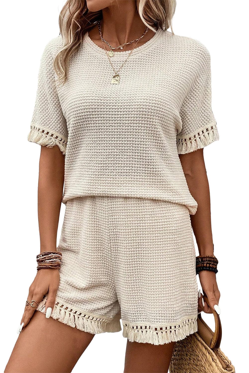 Boho Chic Beige Waffle Knit Fringed Two-Piece Set