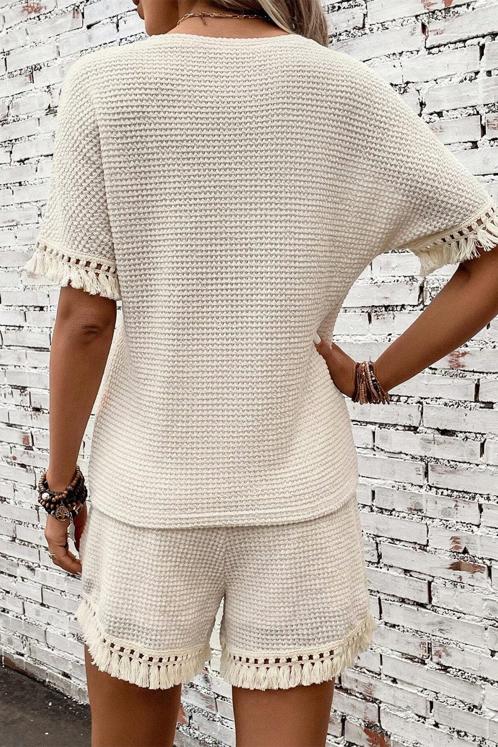 Boho Chic Beige Waffle Knit Fringed Two-Piece Set