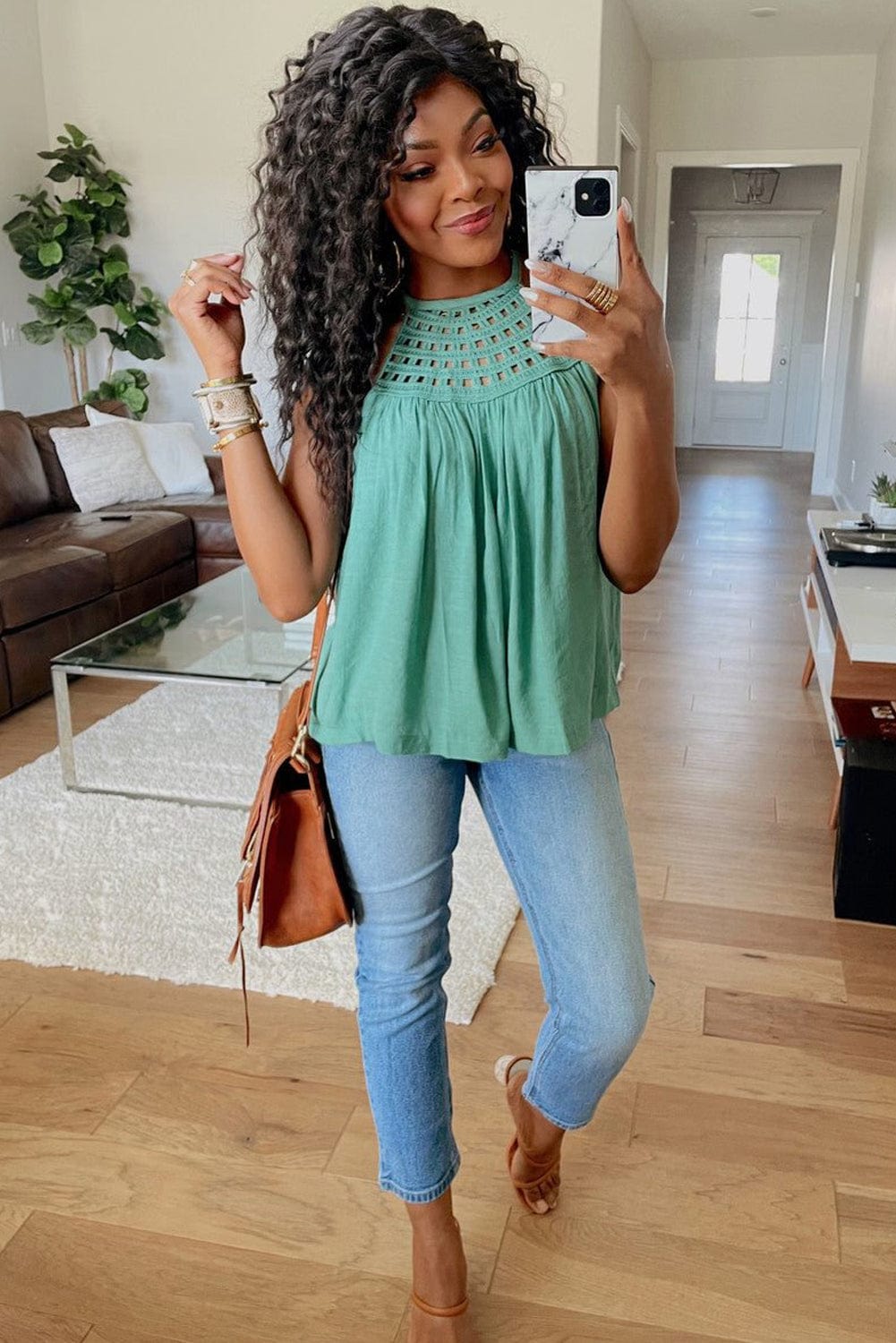 Boho Chic Crochet Detail Halter Tank Top in Mist Green