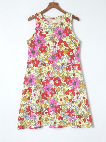 Boho Chic Green Floral Sleeveless Mini Dress