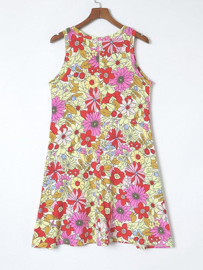 Boho Chic Green Floral Sleeveless Mini Dress