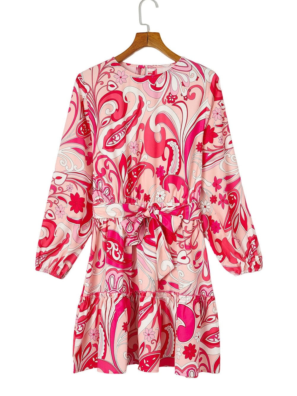 Boho Chic Keyhole Back Pink Paisley Mini Dress with Belt