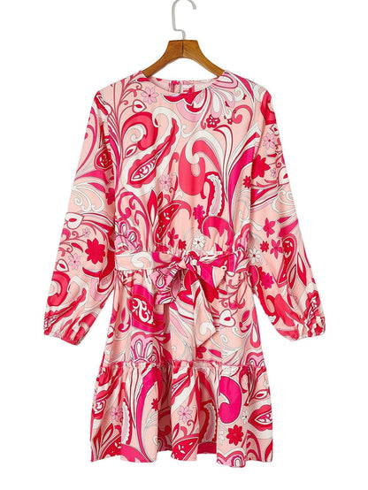 Boho Chic Keyhole Back Pink Paisley Mini Dress with Belt