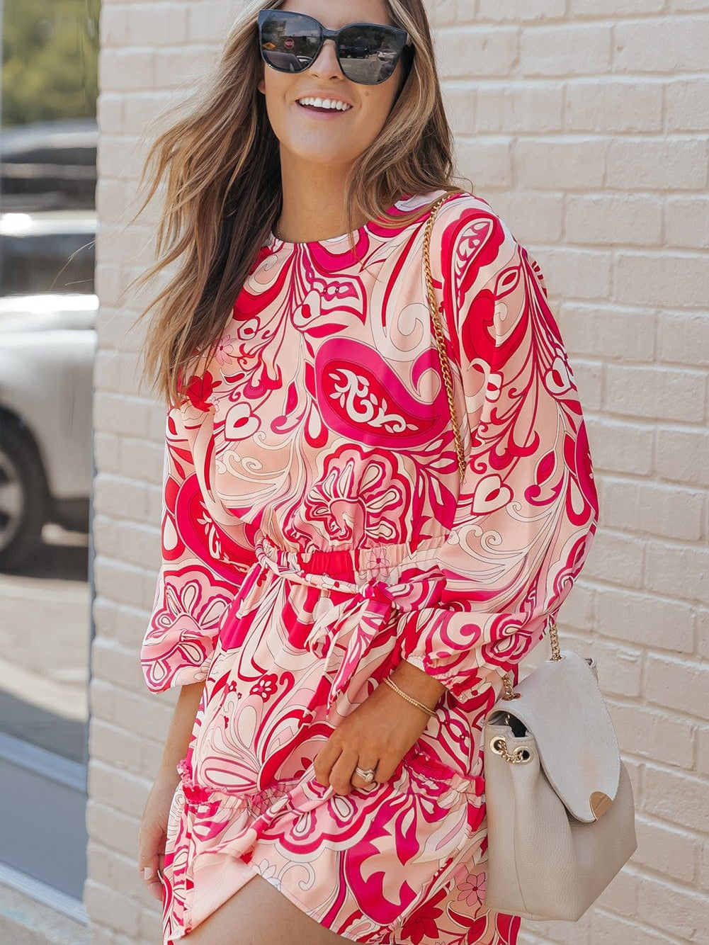 Boho Chic Keyhole Back Pink Paisley Mini Dress with Belt