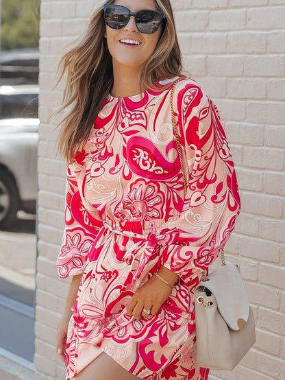 Boho Chic Keyhole Back Pink Paisley Mini Dress with Belt