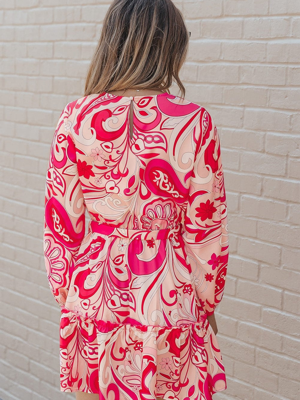 Boho Chic Keyhole Back Pink Paisley Mini Dress with Belt