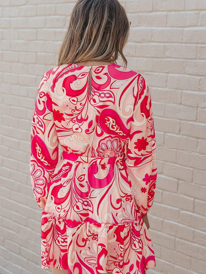 Boho Chic Keyhole Back Pink Paisley Mini Dress with Belt