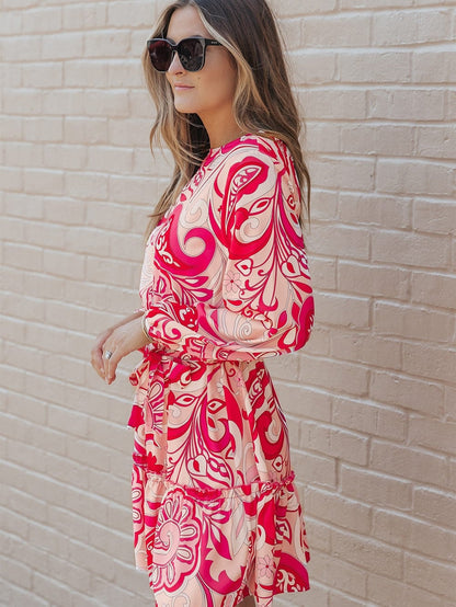 Boho Chic Keyhole Back Pink Paisley Mini Dress with Belt