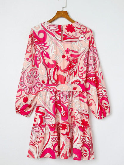Boho Chic Keyhole Back Pink Paisley Mini Dress with Belt