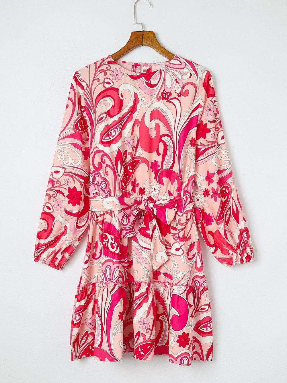 Boho Chic Keyhole Back Pink Paisley Mini Dress with Belt