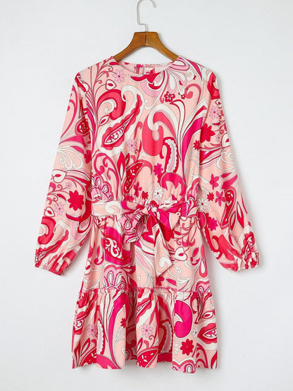 Boho Chic Keyhole Back Pink Paisley Mini Dress with Belt