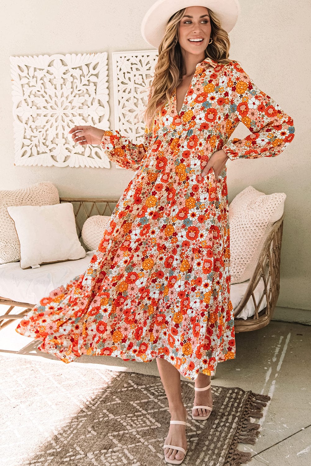 Boho Chic Multicolored Floral V-Neck Long Sleeve Dress