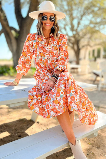 Boho Chic Multicolored Floral V-Neck Long Sleeve Dress