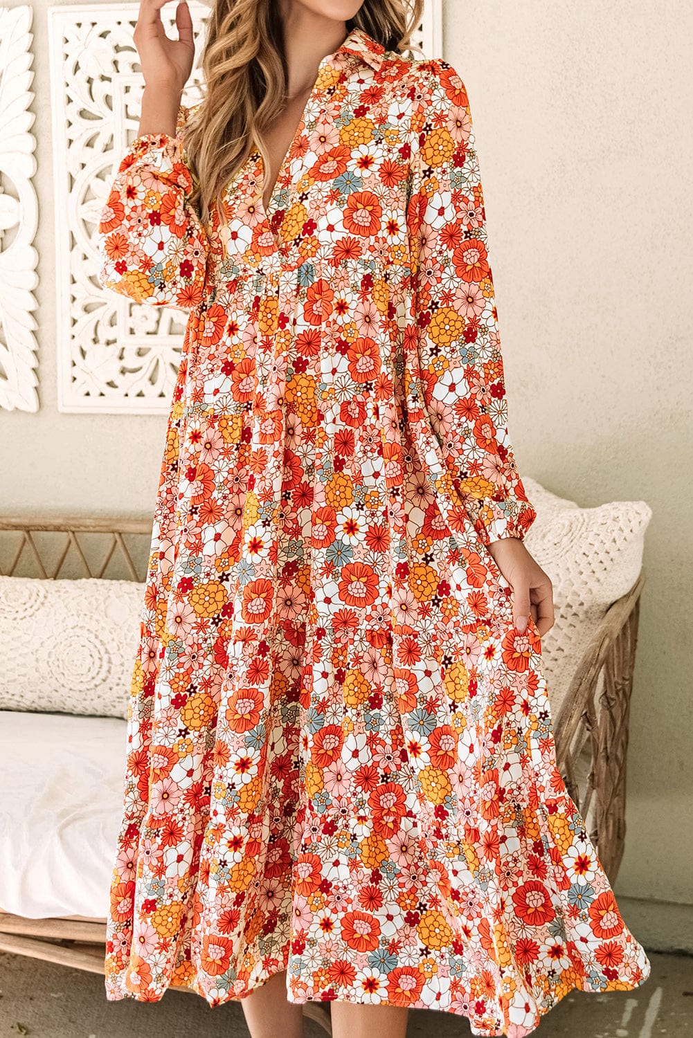 Boho Chic Multicolored Floral V-Neck Long Sleeve Dress