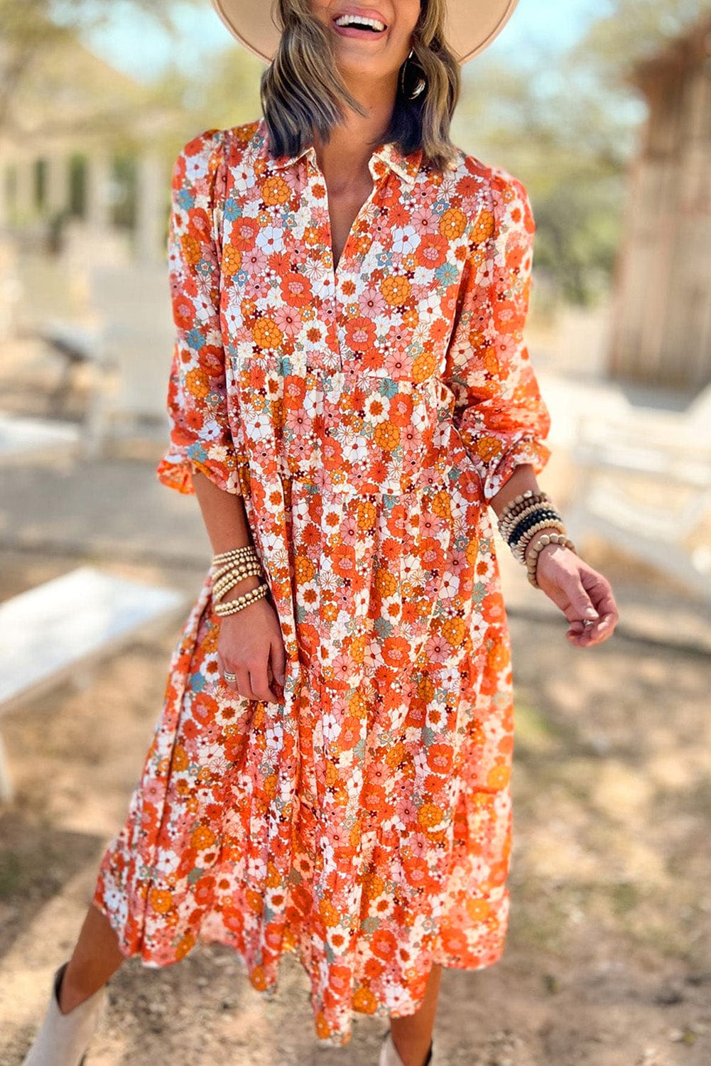 Boho Chic Multicolored Floral V-Neck Long Sleeve Dress