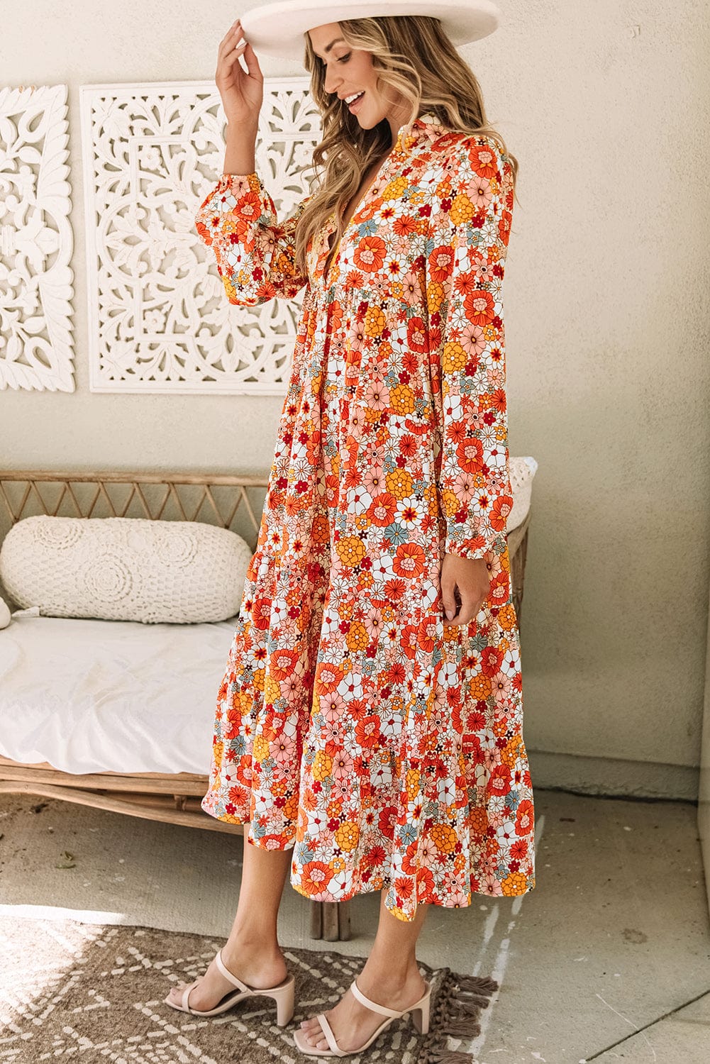Boho Chic Multicolored Floral V-Neck Long Sleeve Dress