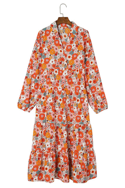 Boho Chic Multicolored Floral V-Neck Long Sleeve Dress