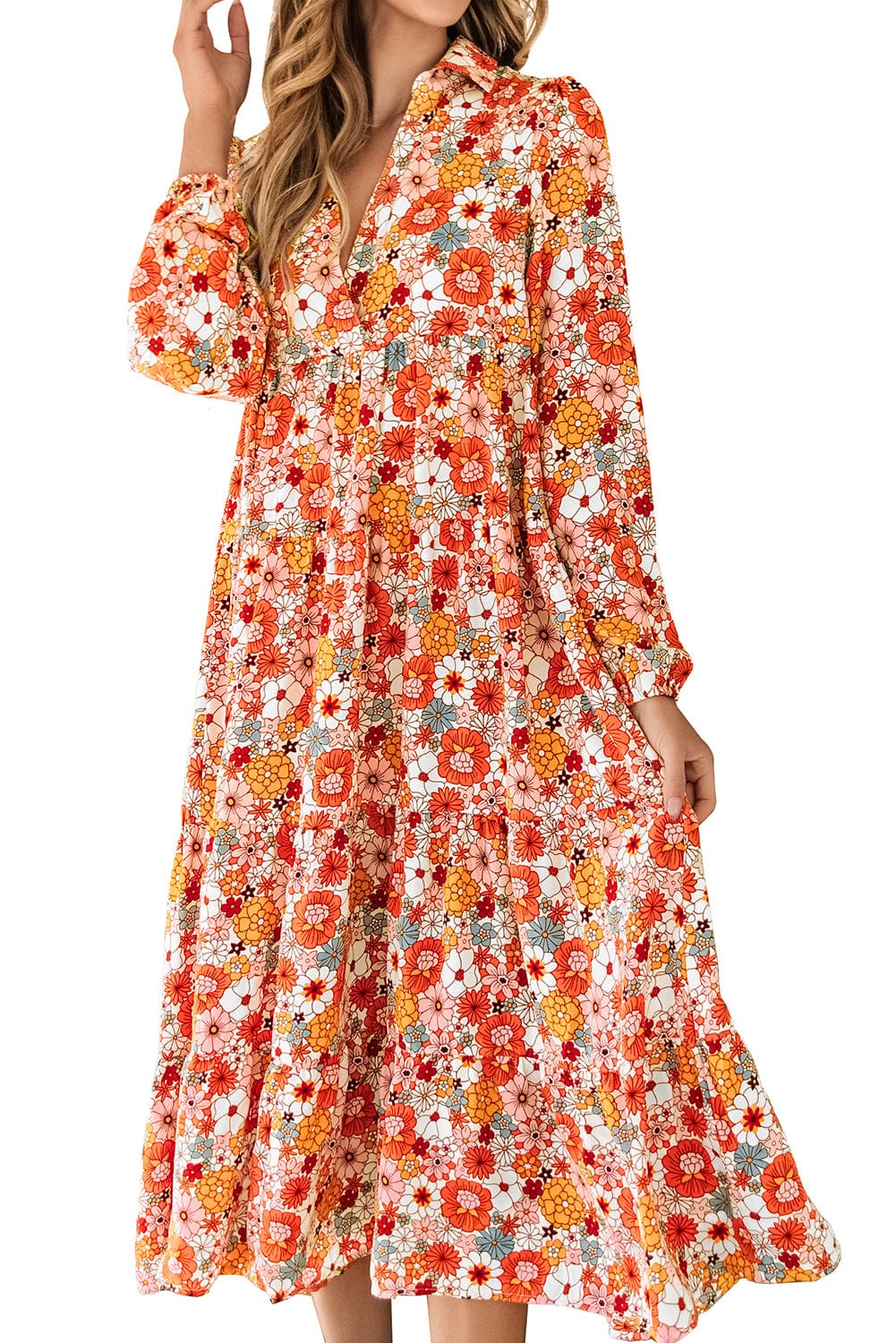 Boho Chic Multicolored Floral V-Neck Long Sleeve Dress
