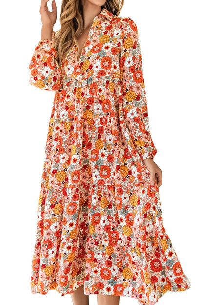 Boho Chic Multicolored Floral V-Neck Long Sleeve Dress