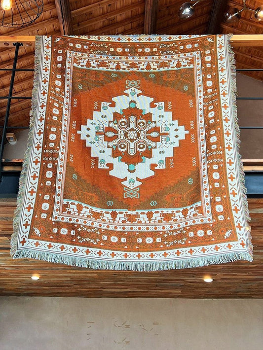 Boho Chic Orange Geometric Patterned Tasseled Throw Blanket