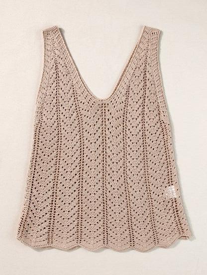 Boho-Chic Pale Khaki Crochet Knit V Neck Sweater Vest