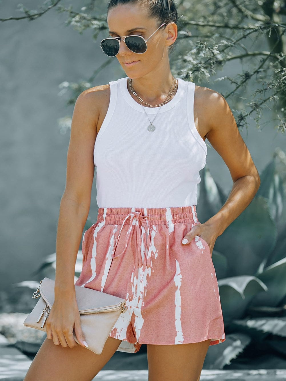 Boho Chic Pink Tie Dye Drawstring Summer Shorts