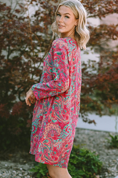 Boho Chic Rosy Paisley Mini Dress with Frilled Hem