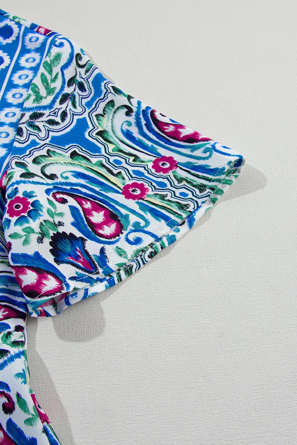 Boho Chic Sky Blue Floral Print Mini Dress with Tie Neck