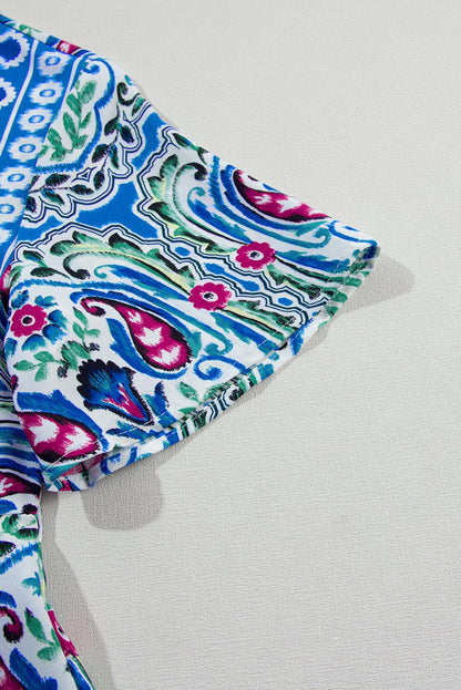 Boho Chic Sky Blue Floral Print Mini Dress with Tie Neck