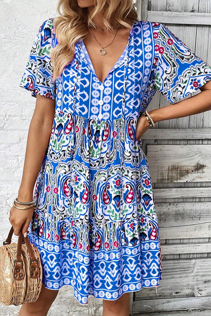 Boho Chic Sky Blue Floral Print Mini Dress with Tie Neck