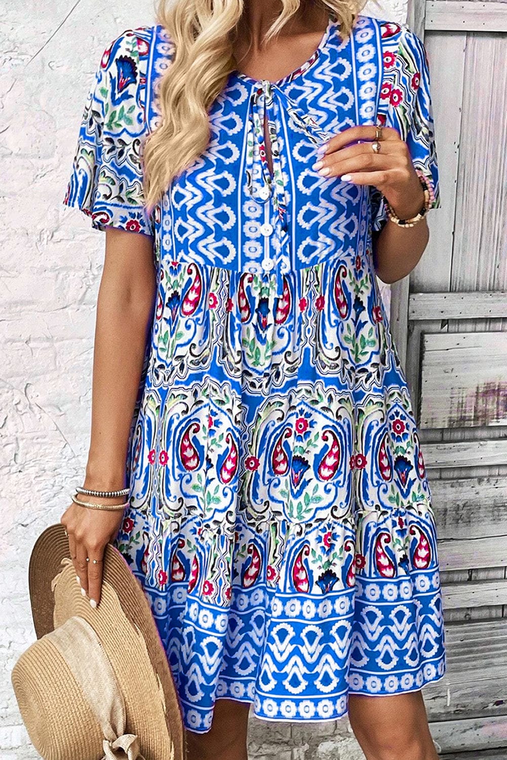 Boho Chic Sky Blue Floral Print Mini Dress with Tie Neck
