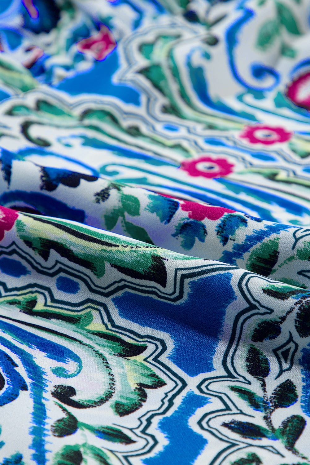 Boho Chic Sky Blue Floral Print Mini Dress with Tie Neck