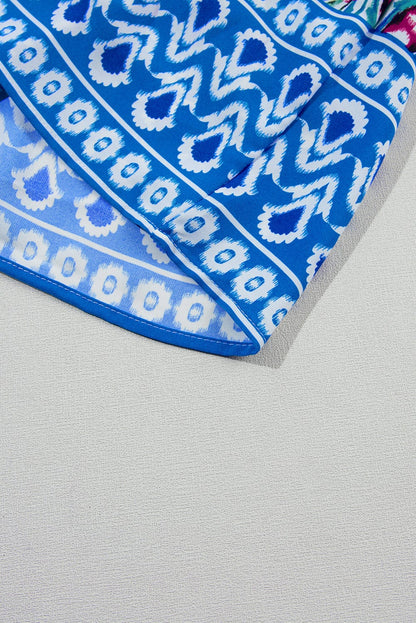 Boho Chic Sky Blue Floral Print Mini Dress with Tie Neck